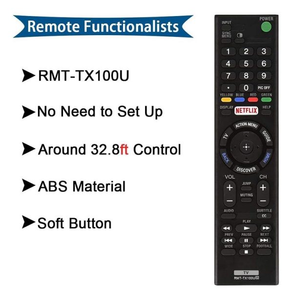 New Replacement Remote Control Sony LED Smart TV RMT-TX100U includes Netflix Hotkey